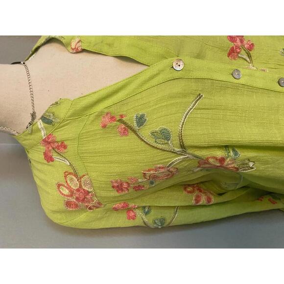 Floral Embroidered Button-Up Shirt in Vibrant Lime Green - Picture 3 of 9